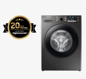 Lave-linge Samsung de couleur anthracite avec une porte noire, affichant sur le côté gauche un logo doré '20 Year Warranty on the motor Digital Inverter™' symbolisant la garantie de 20 ans sur le moteur à inverseur numérique.