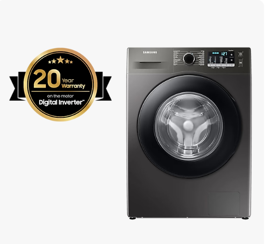 Lave-linge Samsung de couleur anthracite avec une porte noire, affichant sur le côté gauche un logo doré '20 Year Warranty on the motor Digital Inverter™' symbolisant la garantie de 20 ans sur le moteur à inverseur numérique.