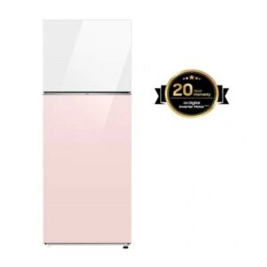 Réfrigérateur Samsung bicolore, avec une partie supérieure blanche et une partie inférieure rose, présenté à côté d'un logo doré indiquant une garantie de 20 ans sur le moteur Digital Inverter.