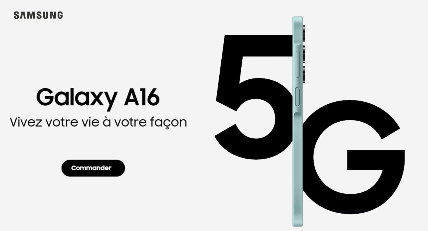 Smartphone Samsung modèle A165G, vue de face et de dos, montrant le 
   design, l'écran et le triple capteur photo.