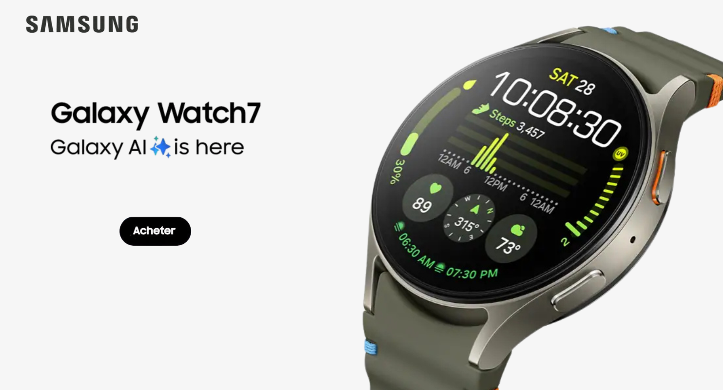 Montre connectée Samsung Galaxy Watch 7, modèle N55, affichant un écran avec des informations de santé et des notifications.