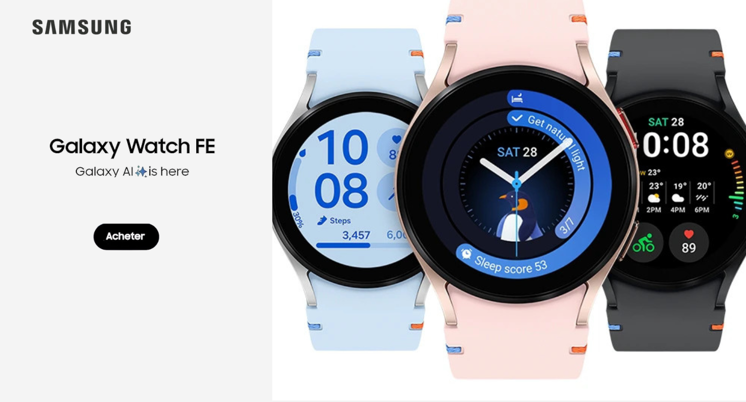 Boutique Samsung Officielle Tunisie : Montre connectée Samsung Galaxy Watch FE avec intelligence artificielle Galaxy AI intégrée. Trois couleurs disponibles : bleu clair, rose et gris foncé. Bouton 