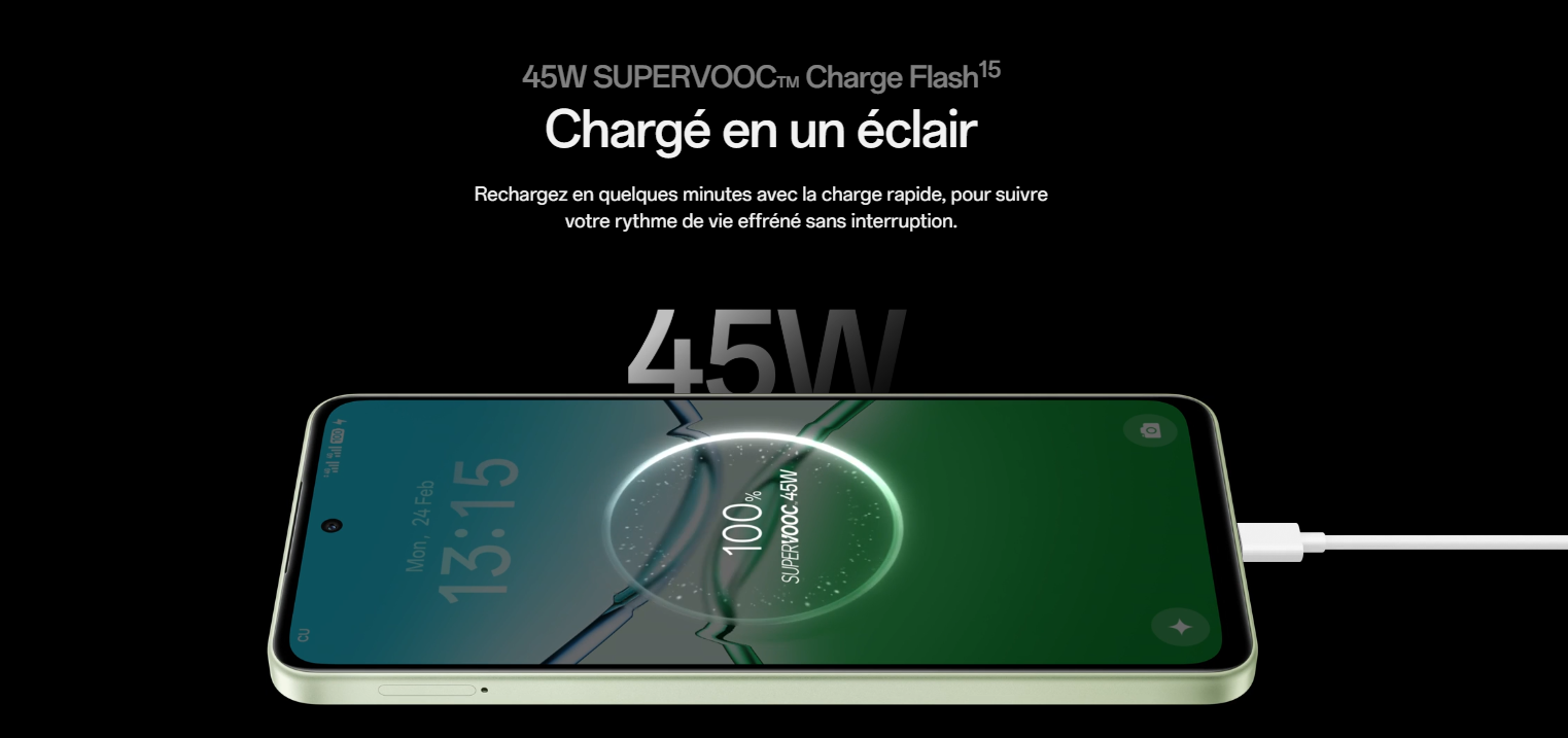 Un smartphone Oppo A5 Pro est représenté en charge. L'écran affiche une animation de charge atteignant 100%, avec la mention "SUPERVOOC 45W" visible. Un câble de charge blanc est connecté au téléphone. Le texte "45W SUPERVOOC™ Charge Flash", "Chargé en un éclair", et une brève description de la charge rapide sont également présents en haut de l'image.