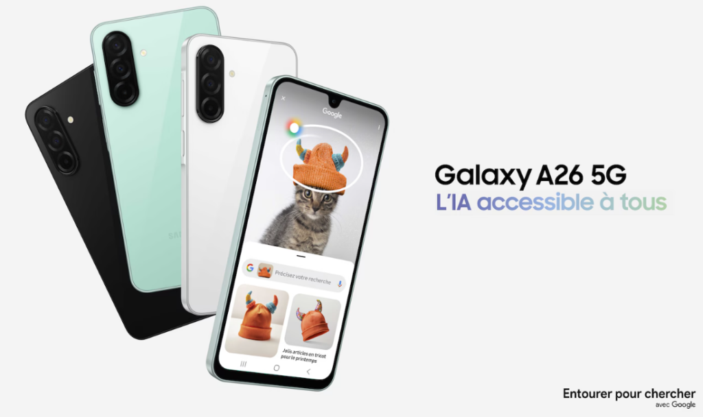 Quatre smartphones Samsung Galaxy A26 5G de différentes couleurs (noir, vert clair, blanc) disposés en éventail derrière un Galaxy A26 5G affichant une recherche Google Lens sur un chat portant un chapeau, avec le texte "Galaxy A26 5G L'IA accessible à tous" et "Entourer pour chercher avec Google