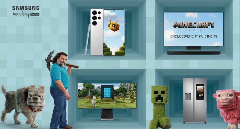 Découvrez les produits Samsung disponibles en Tunisie : smartphone Galaxy haut de gamme, téléviseur Samsung 4K, écran PC incurvé, et réfrigérateur connecté intelligent, présentés dans une mise en avant Samsung Brand Shop Tunisie avec design inspiré de Minecraft.